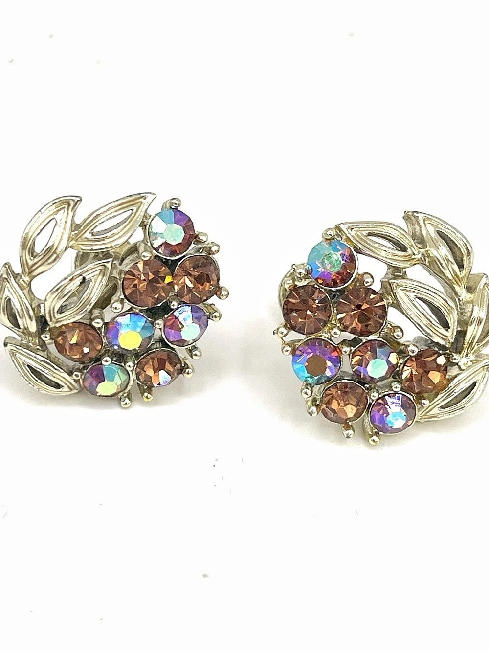 Lisner Rhinestone Leaf Clip-On Earrings Gold & Brown